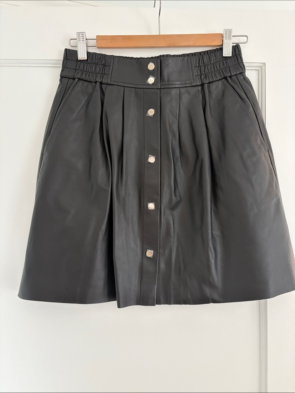 ba&sh Black Faux Leather A-Line Button Skirt